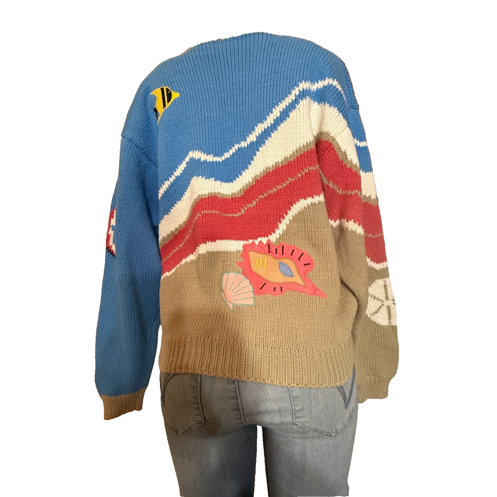 Sharon Young Coastal Fish Shell Knit Cardigan Cotton Sweater Medium - Picture 7 of 13